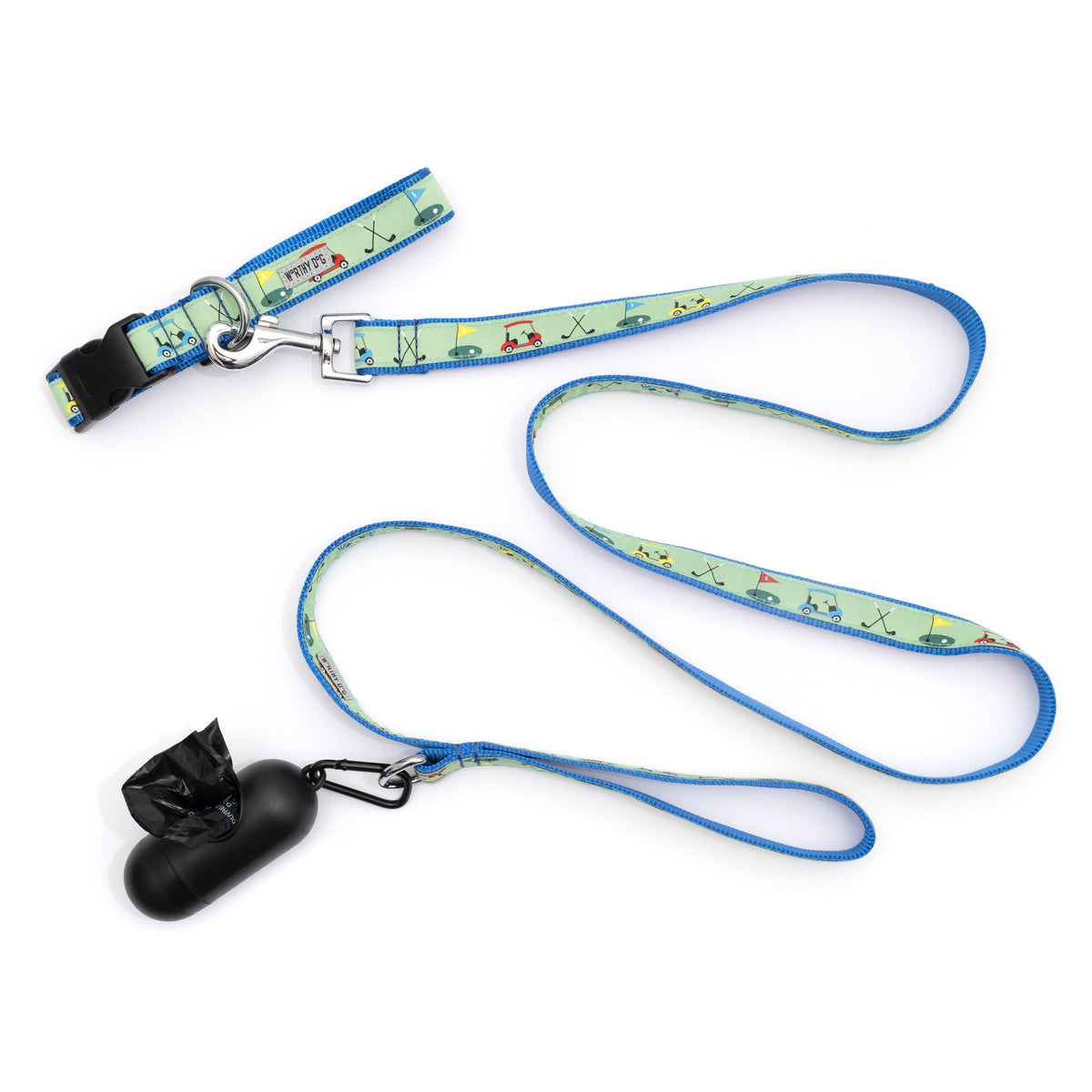 Golf Pattern Nylon Dog Leash — green leash shown with collar and dispenser