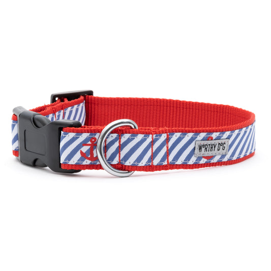Navy Stripe Anchors Dog Collar – Navy, Sizes XS–XL