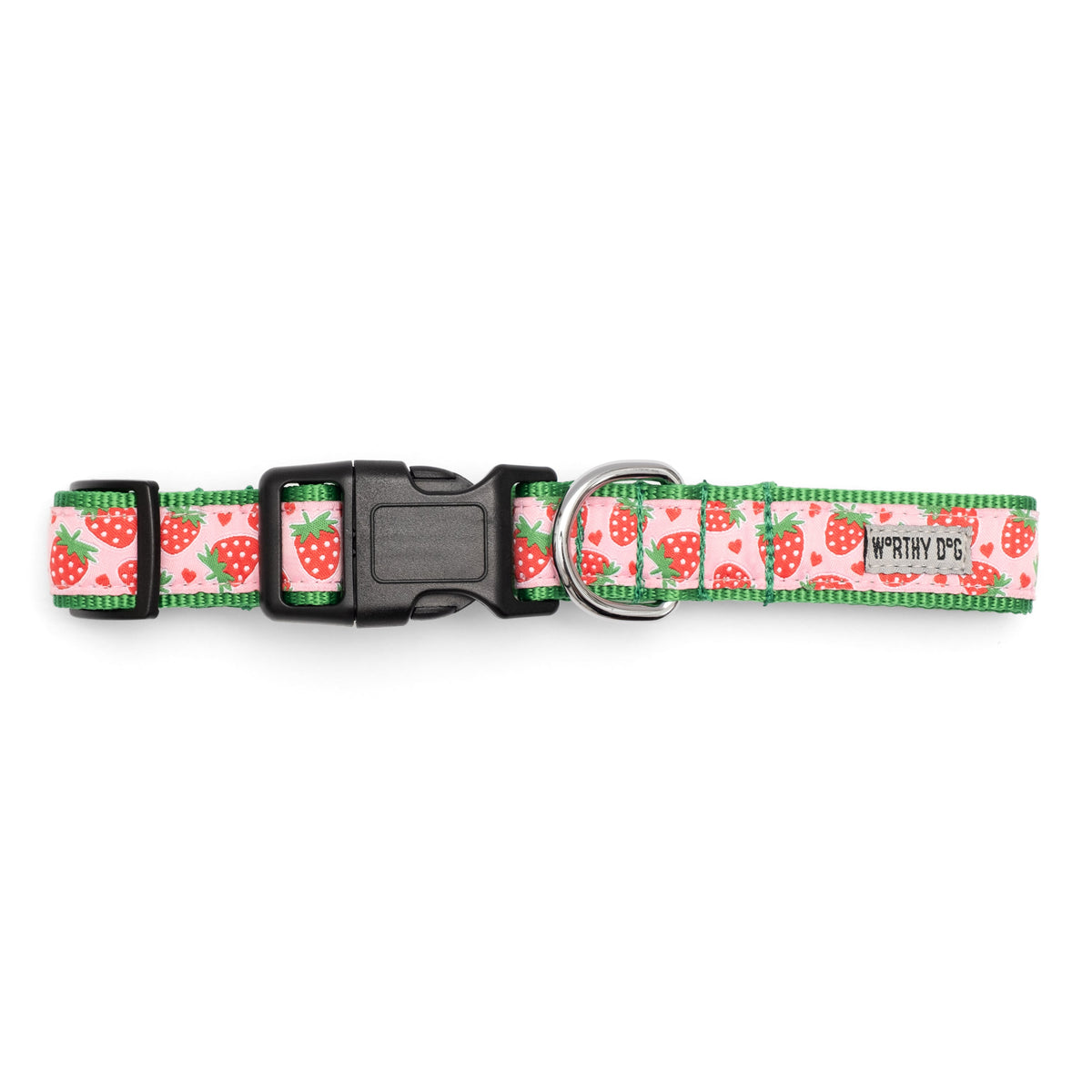 Pink Strawberry Print Nylon Dog Collar in pink, product view 3