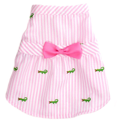 Pink Stripe Alligator Dog Dress – Cotton, Pink/White, Sizes XS–XXL