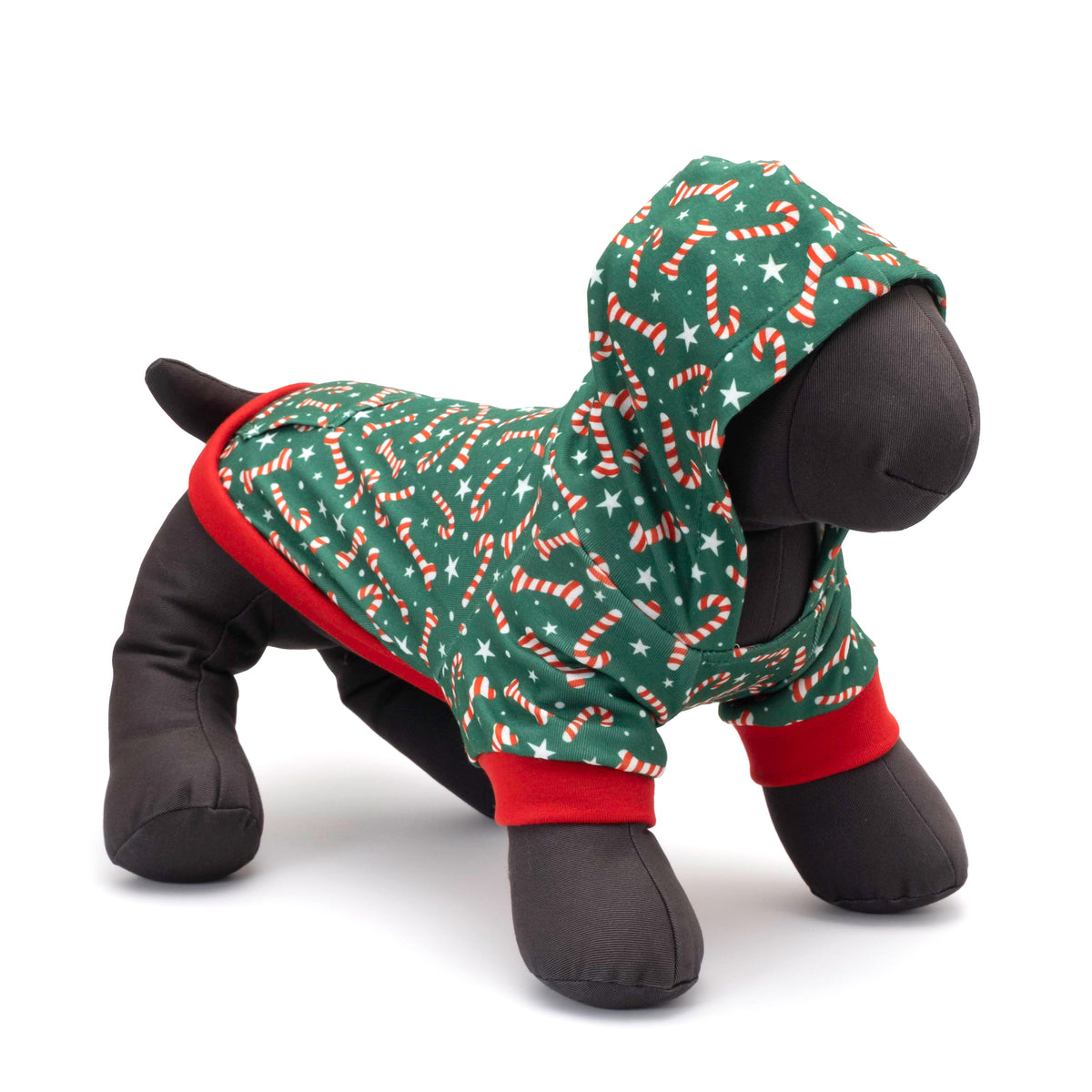 Candy Cane Dog Hoodie – Polyester, Green, Sizes XS–XXL
