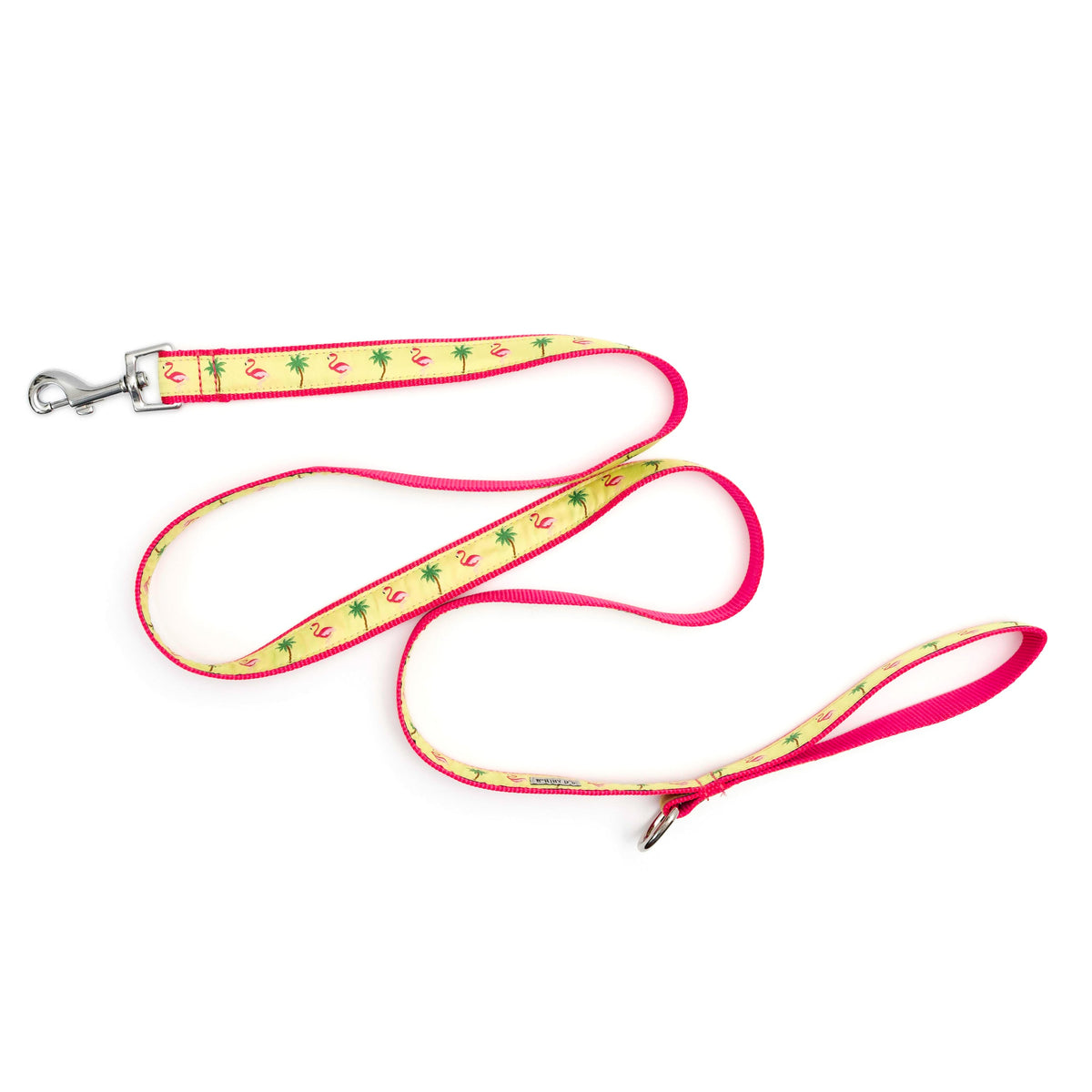 Pink flamingos and green palm trees on yellow ribbon nylon dog leash, extended