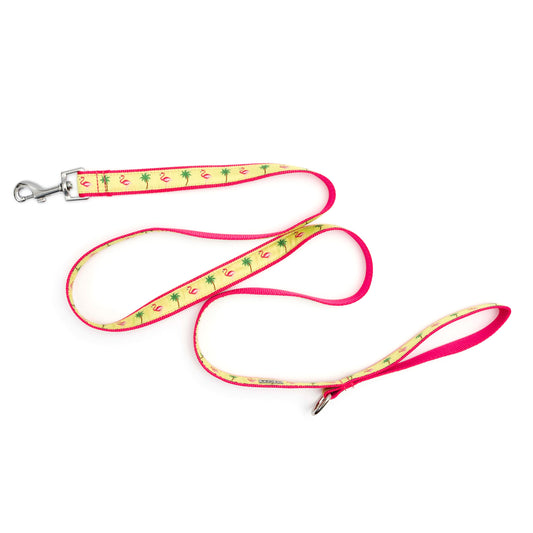 Pink flamingos and green palm trees on yellow ribbon nylon dog leash, extended