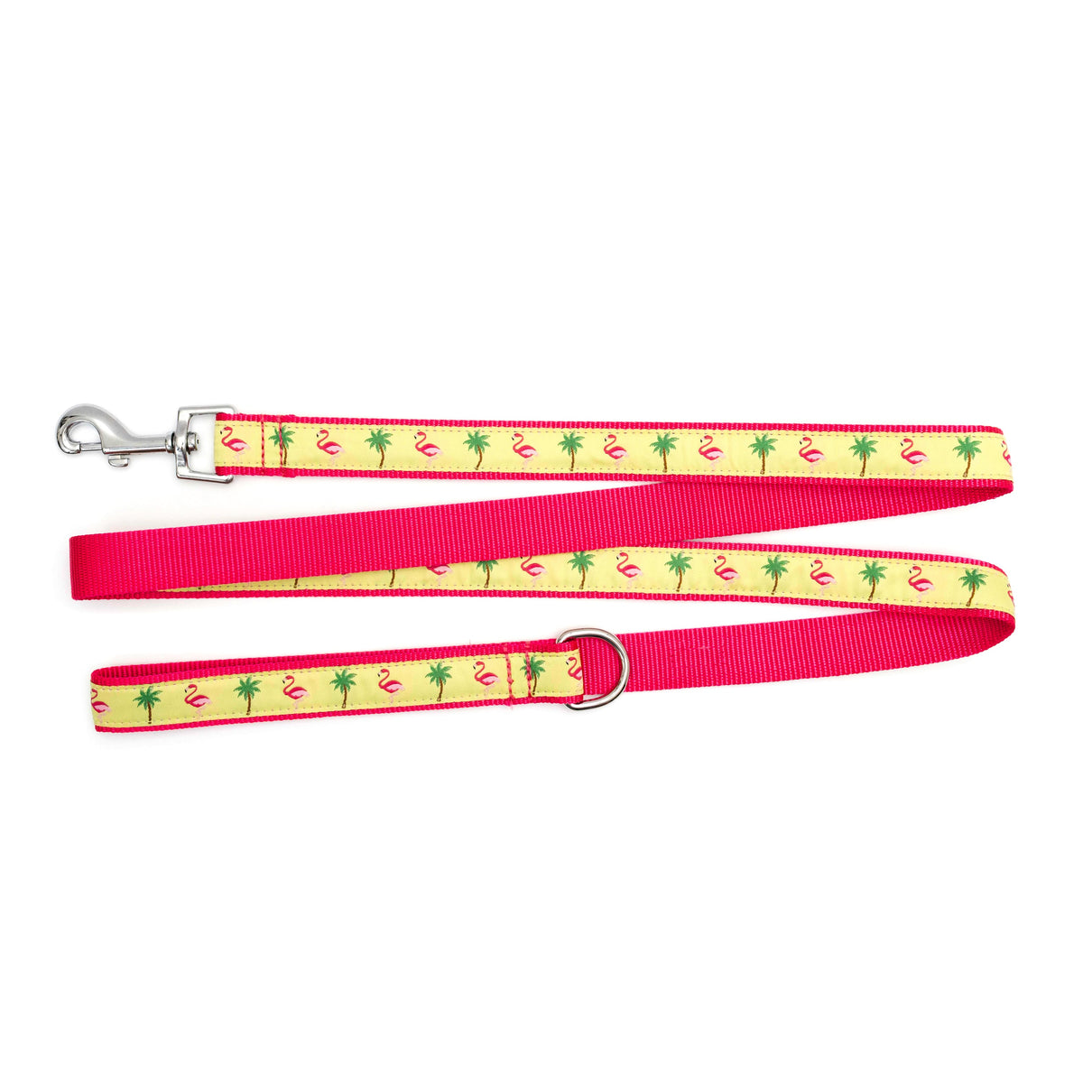 Pink flamingos and green palm trees on yellow ribbon nylon dog leash, ribbon and backing detail