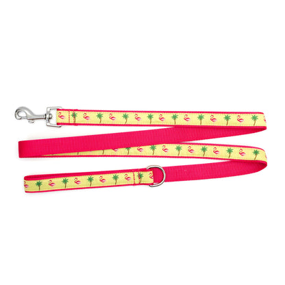 Pink flamingos and green palm trees on yellow ribbon nylon dog leash, ribbon and backing detail