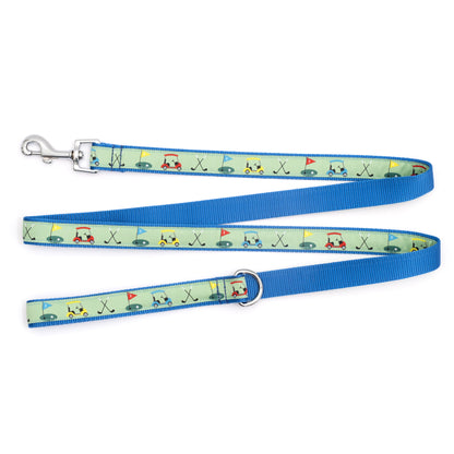 Golf Pattern Nylon Dog Leash — green flat strap view