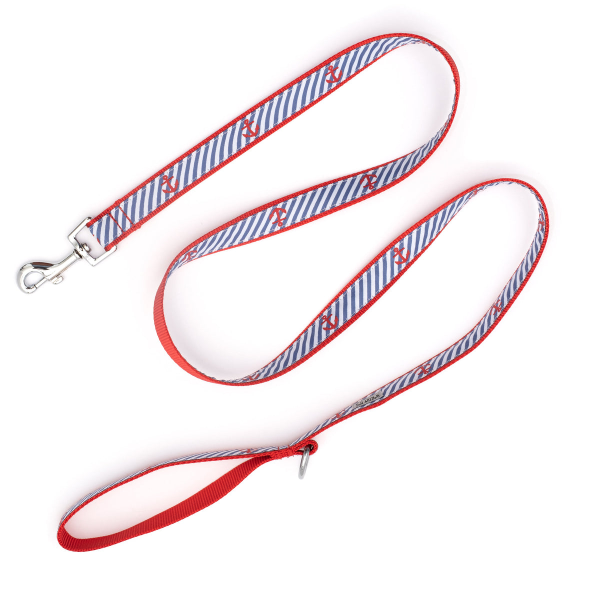 Red anchors over diagonal navy and white stripes nylon dog leash, extended