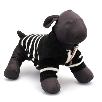 Stripe 1/4 Zip Pullover Dog Sweater – Acrylic, Black/White, Sizes XS–XXL