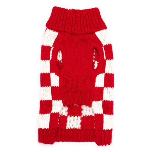 Checkerboard Snowman Dog Sweater – Acrylic, Red, Sizes XXS–XXL