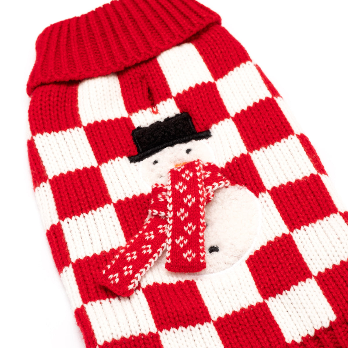 Checkerboard Snowman Dog Sweater – Acrylic, Red, Sizes XXS–XXL