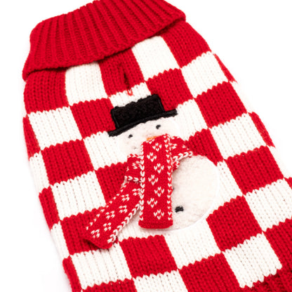 Checkerboard Snowman Dog Sweater – Acrylic, Red, Sizes XXS–XXL