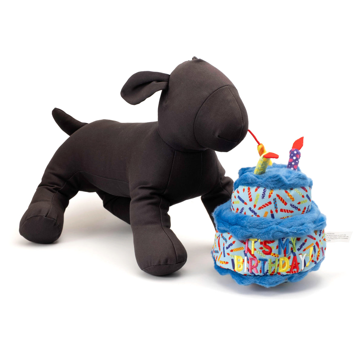 Birthday Cake Squeaky Dog Toy, Blue cake beside a display dog