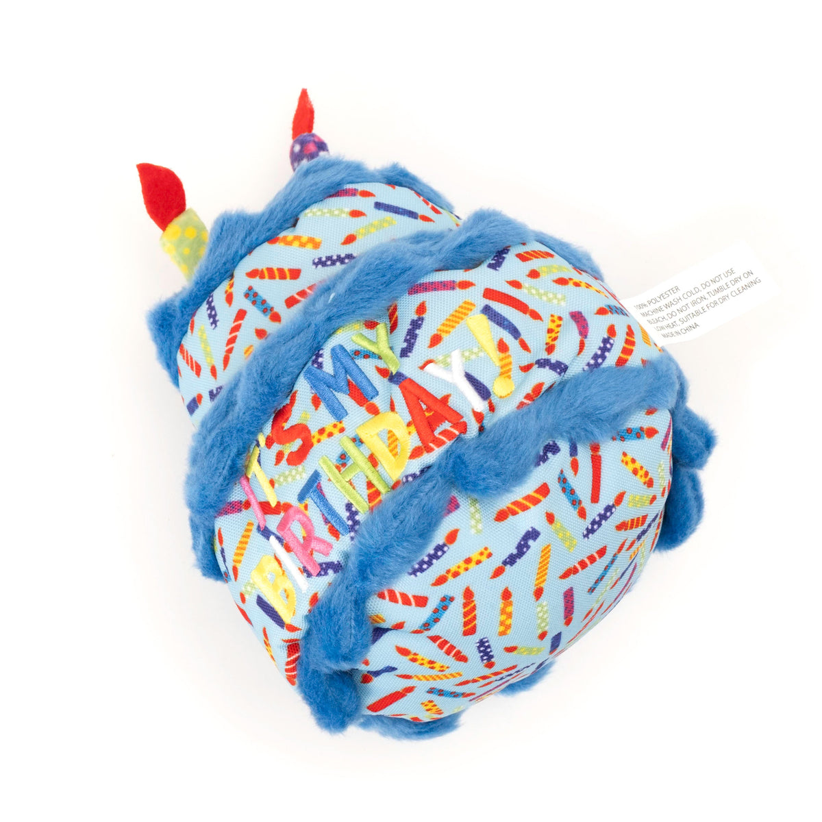 Birthday Cake Squeaky Dog Toy, Blue cake angled view