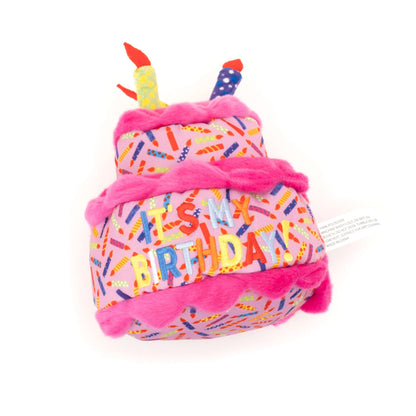 Birthday Cake Squeaky Dog Toy, Pink cake angled view