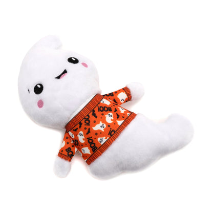 White Ghost Squeaky Dog Toy with Orange Halloween Shirt, angled view