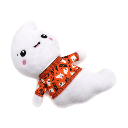 White Ghost Squeaky Dog Toy with Orange Halloween Shirt, angled view