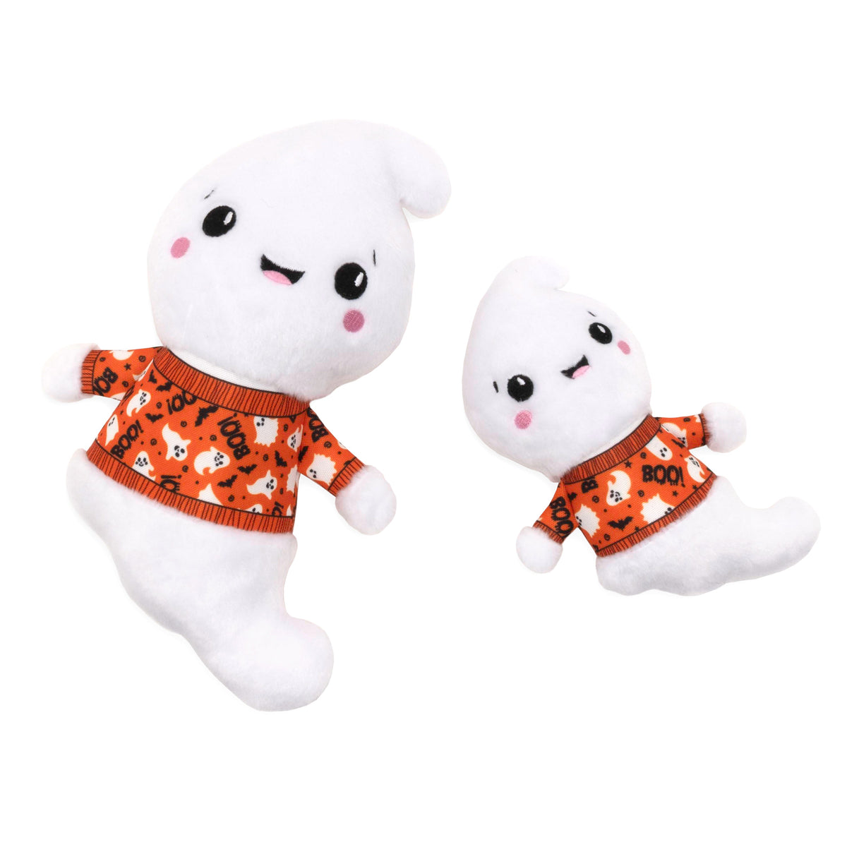 White Ghost Squeaky Dog Toy with Orange Halloween Shirt, Small and Large size comparison