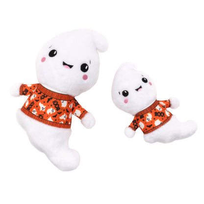 White Ghost Squeaky Dog Toy with Orange Halloween Shirt, Small and Large size comparison