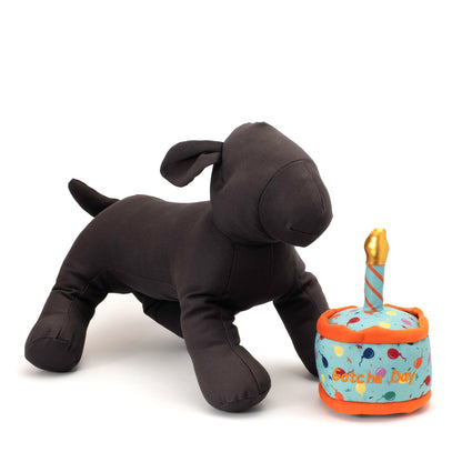 Gotcha Day Cake Squeaky Dog Toy with Fabric Candle, scale beside a display dog