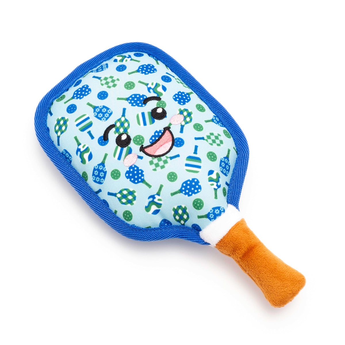 Pickleball Paddle Squeaky Dog Toy, Blue paddle angled view