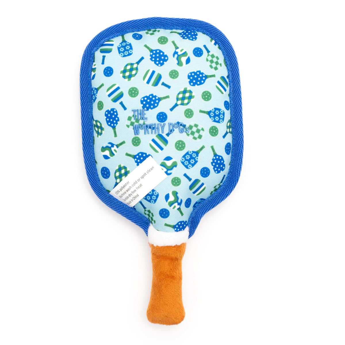 Pickleball Paddle Squeaky Dog Toy, Blue paddle reverse view