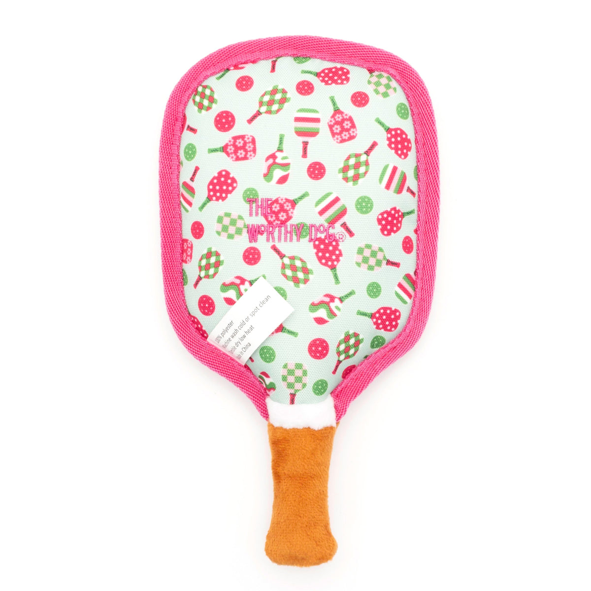 Pickleball Paddle Squeaky Dog Toy, Pink paddle reverse view