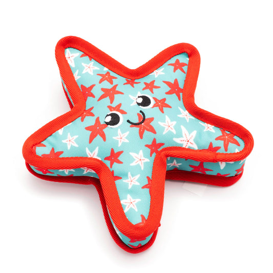 Turquoise Starfish Squeaky Dog Toy with Orange Trim, flat angled view