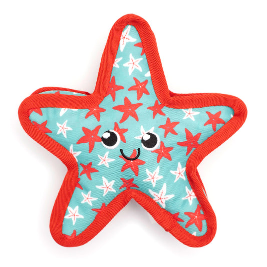 Turquoise Starfish Squeaky Dog Toy with Orange Trim, front view of turquoise starfish