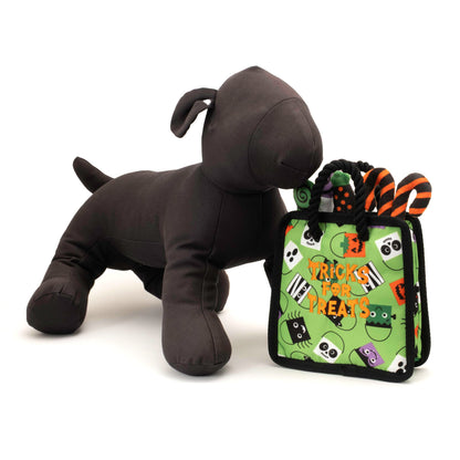 Halloween Treat Bag Squeaky Dog Toy, scale beside a display dog