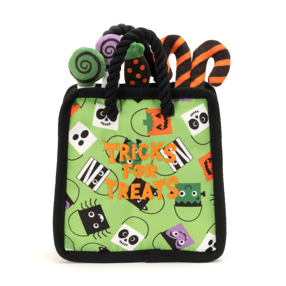 Halloween Treat Bag Squeaky Dog Toy, front view with candy details