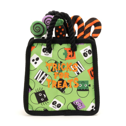 Halloween Treat Bag Squeaky Dog Toy, front view with candy details