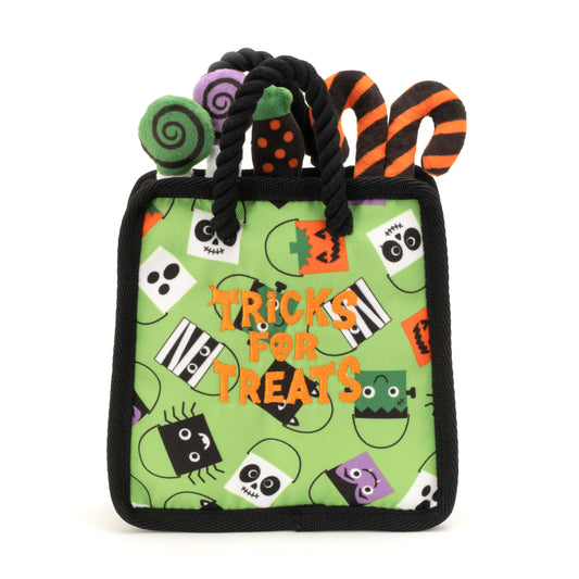 Halloween Treat Bag Squeaky Dog Toy, front view with candy details