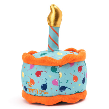 Gotcha Day Cake Squeaky Dog Toy with Fabric Candle, angled view