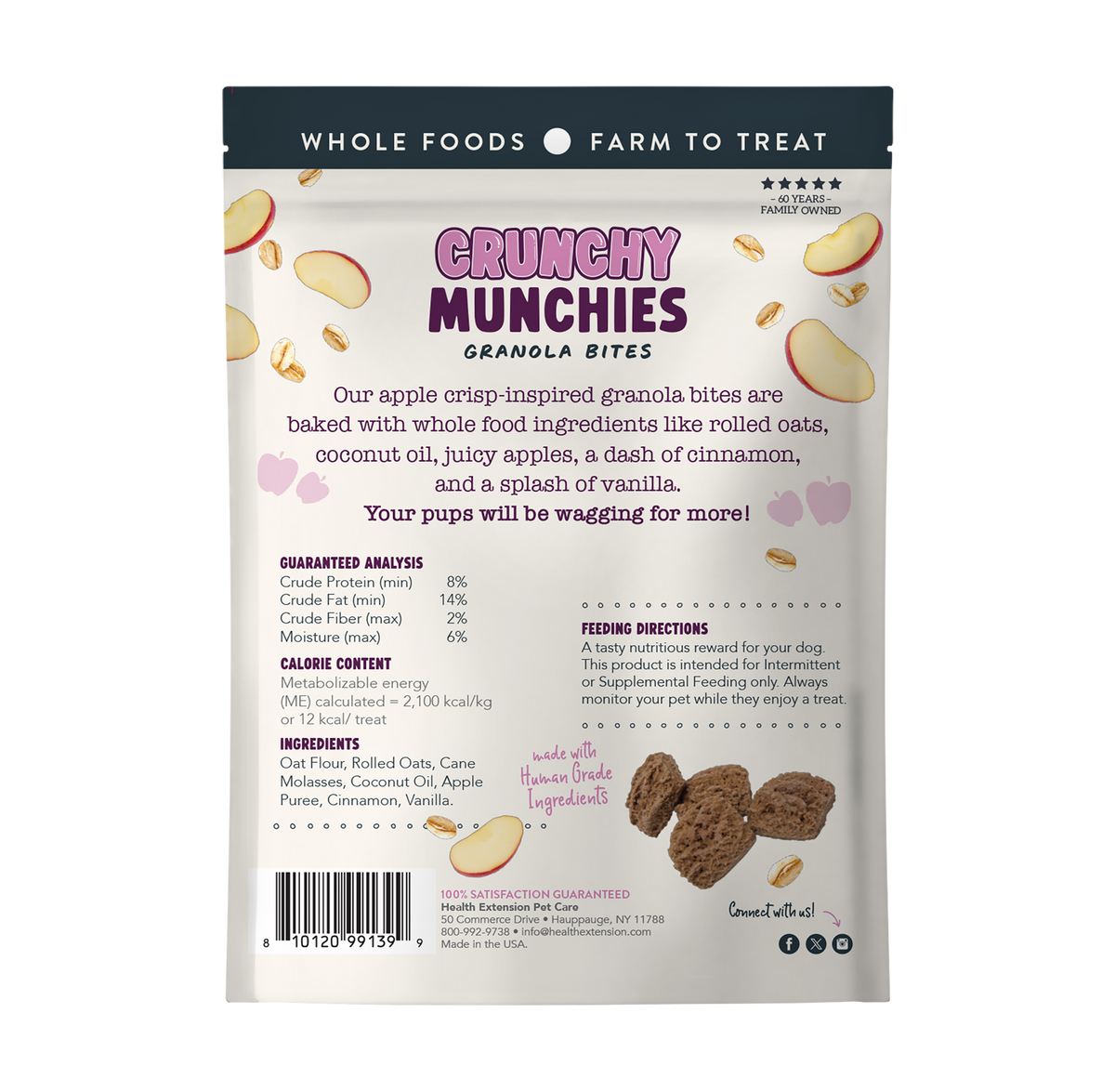Health Extension Crunchy Munchies Appley Crisp Dog Treats 5 oz back package