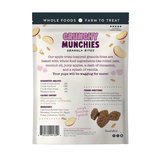 Health Extension Crunchy Munchies Appley Crisp Dog Treats 5 oz back package