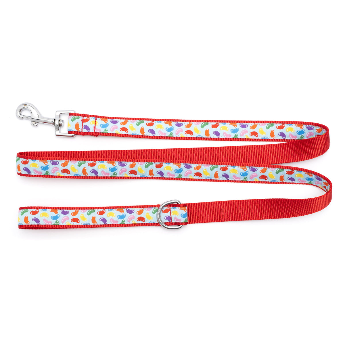 Jelly Beans blue ribbon dog leash with red nylon backing, flat strap and hardware detail