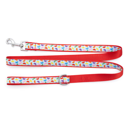 Jelly Beans blue ribbon dog leash with red nylon backing, flat strap and hardware detail