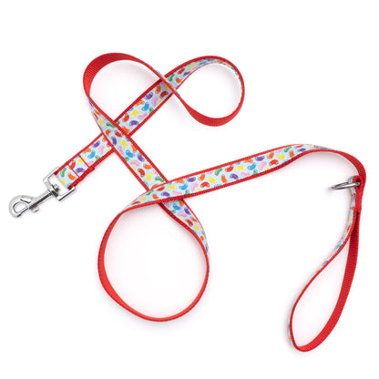 Jelly Beans blue ribbon dog leash with red nylon backing, extended with loop handle