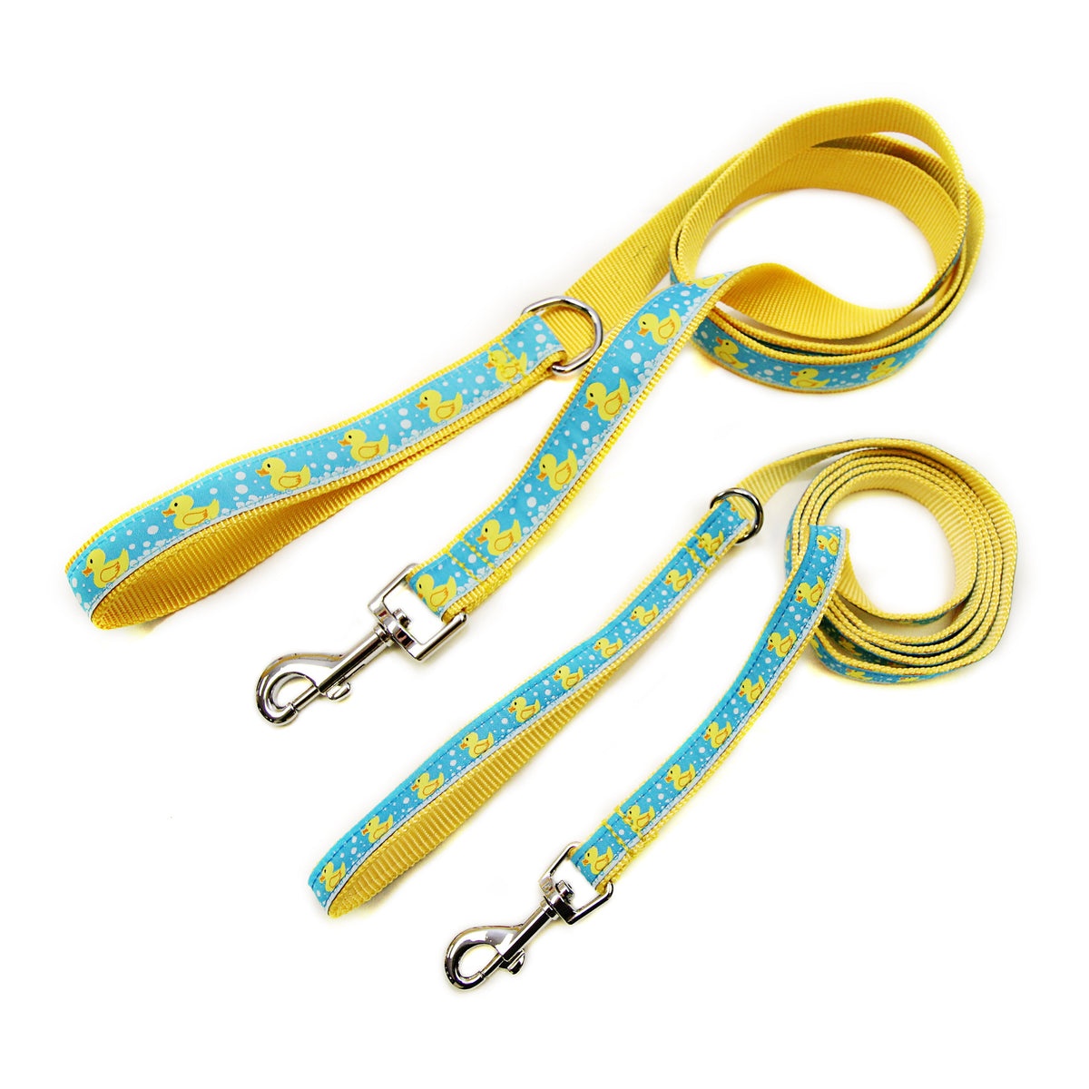 Yellow rubber-duck illustrations on blue ribbon nylon dog leash, two leash widths displayed